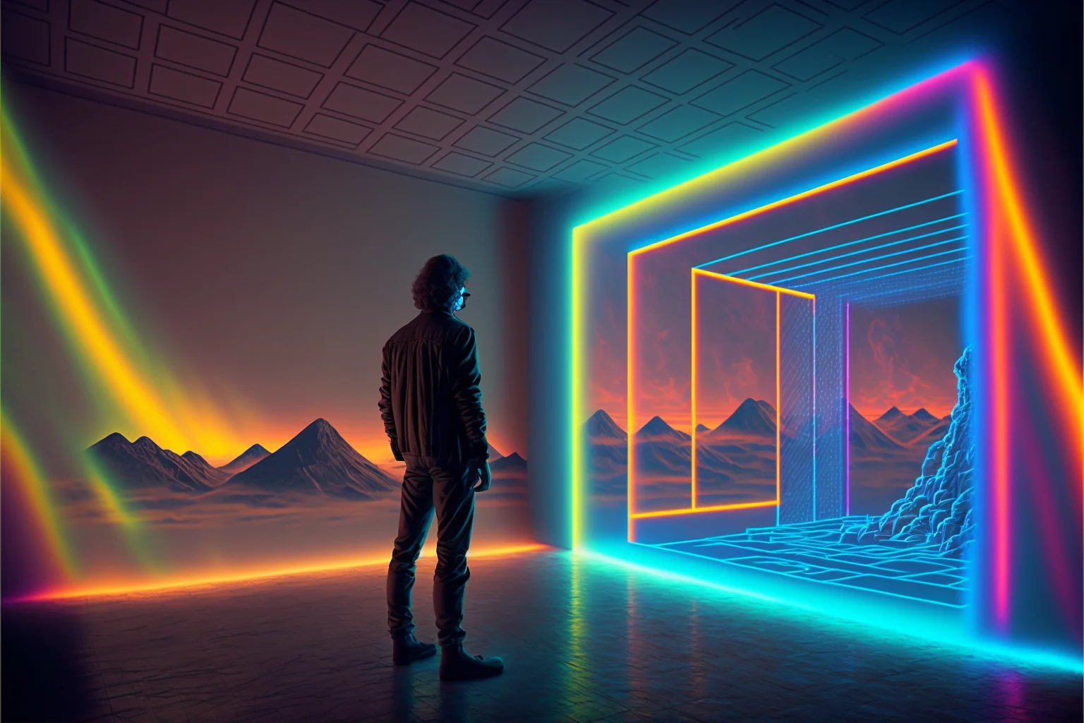 A prism of coloured light thrown across a dark interior